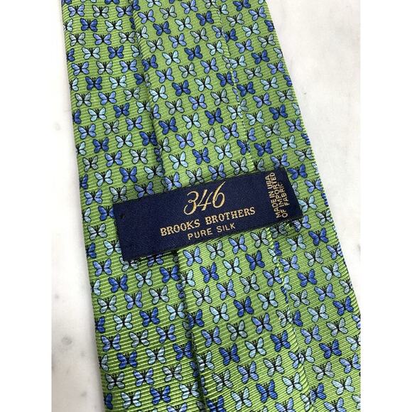 BROOKS BROTHERS 346 Tie Silk Necktie 58" x 3-3/4" Blue Butterfly on Green EUC - Picture 3 of 5